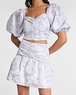 Floral Puff Sleeve Ruched Cropped Top