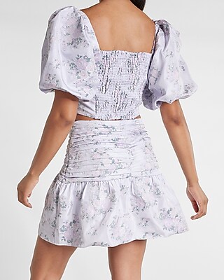 Floral Puff Sleeve Ruched Cropped Top