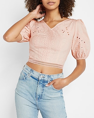 Embroidered Eyelet Puff Sleeve Crop Top