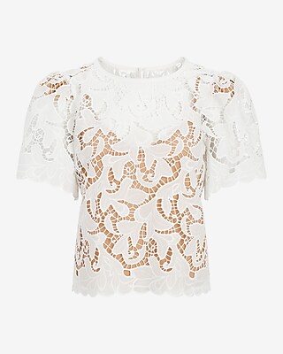 Embroidered Crochet Puff Sleeve Top