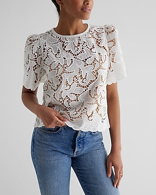 Embroidered Crochet Puff Sleeve Top