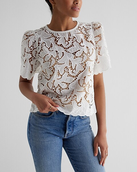 American Express  White lace crop top, Pink lace crop top, Puff