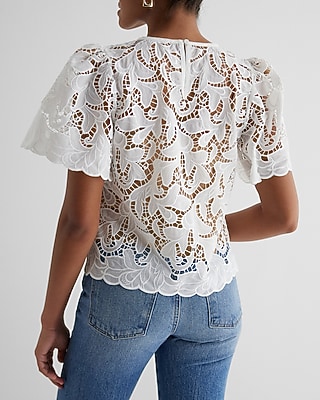 Embroidered Crochet Puff Sleeve Top
