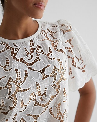 Embroidered Crochet Puff Sleeve Top
