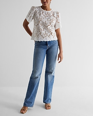 Embroidered Crochet Puff Sleeve Top