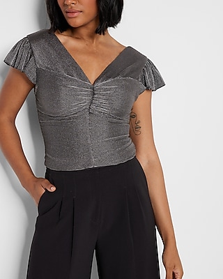 Metallic Pleated Flutter Sleeve Cropped Top