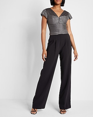 Metallic Pleated Flutter Sleeve Cropped Top