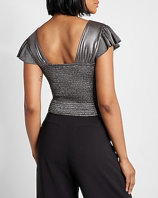 Metallic Pleated Flutter Sleeve Cropped Top