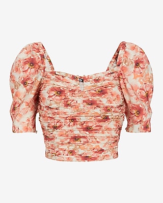 SS AO RUCHED V BAR SQR NECK BLS SATIN POPPIES 9708681:PRINT-PINK:XXS