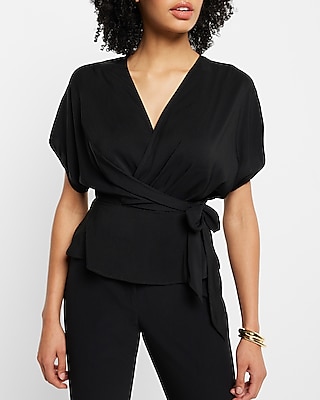 Draped Faux Wrap Tie Waist Peplum Top