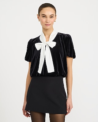Velvet Tie Front Puff Sleeve Bubble Top