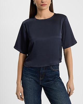Women's Cotton Scoop Neck Crop Top - Basic Short Sleeve Tee, Spring Blue, Medium (95% Cotton 5% Spandex)