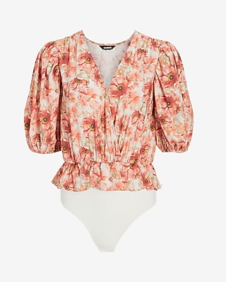 Satin Floral Print Faux Wrap Peplum Thong Bodysuit