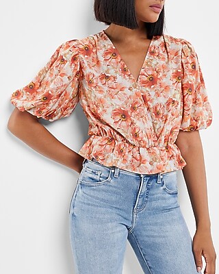 Satin Floral Print Faux Wrap Peplum Thong Bodysuit