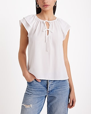 Double Tie Neck Flutter Sleeve Top