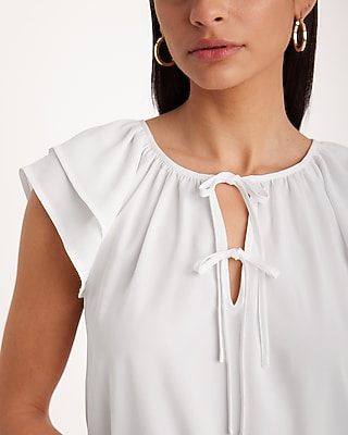 Double Tie Neck Flutter Sleeve Top