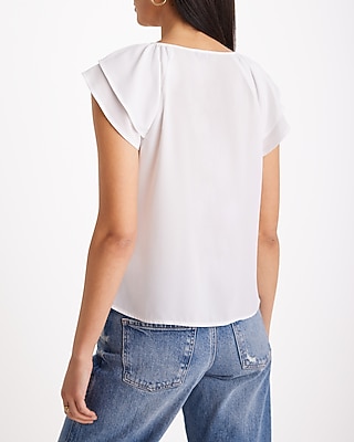 Double Tie Neck Flutter Sleeve Top