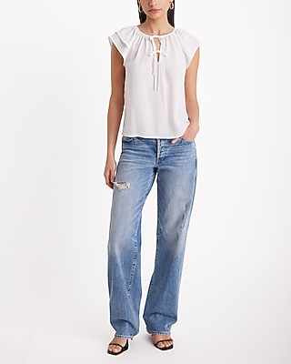 Double Tie Neck Flutter Sleeve Top