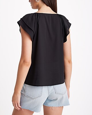Double Tie Neck Flutter Sleeve Top