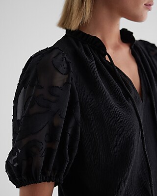V-neck Sheer Puff Sleeve Drawstring Top | Express