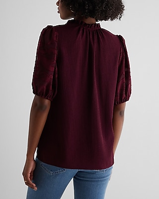 V-Neck Sheer Puff Sleeve Drawstring Top