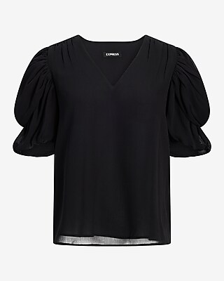 V-Neck Puff Draped Short Sleeve Top