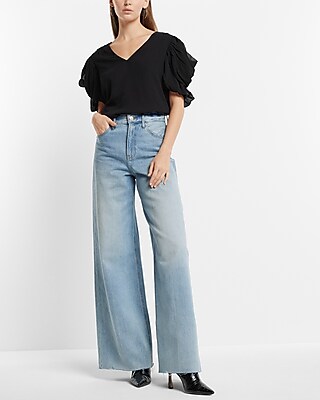 V-Neck Puff Draped Short Sleeve Top