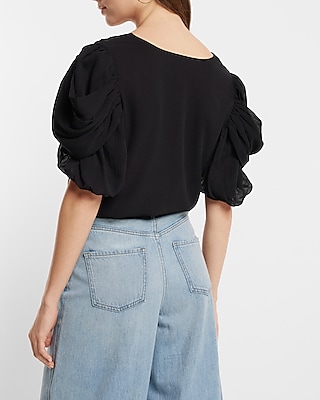 V-Neck Puff Draped Short Sleeve Top