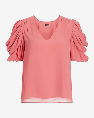 V-Neck Puff Draped Short Sleeve Top