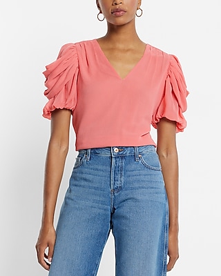 V-Neck Puff Draped Short Sleeve Top
