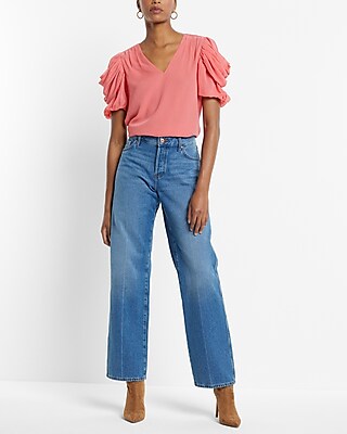 V-Neck Puff Draped Short Sleeve Top
