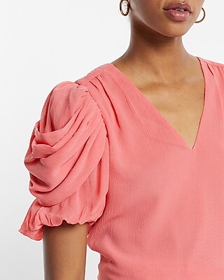 V-Neck Puff Draped Short Sleeve Top