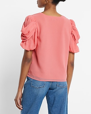 V-Neck Puff Draped Short Sleeve Top