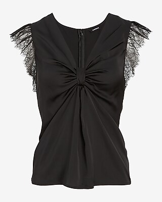 Satin V-Neck Flutter Lace Sleeve Knot Gramercy Top