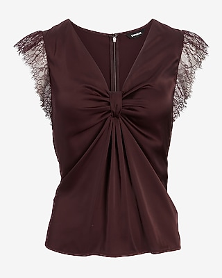 Satin V-Neck Flutter Lace Sleeve Knot Gramercy Top