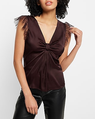 Satin V-Neck Flutter Lace Sleeve Knot Gramercy Top