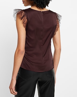 Satin V-Neck Flutter Lace Sleeve Knot Gramercy Top