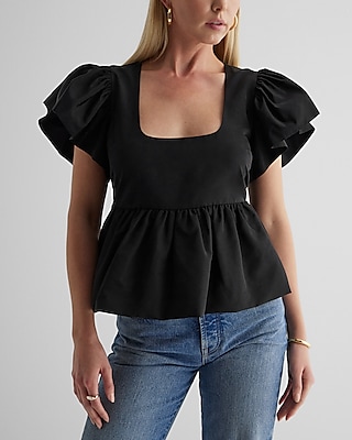 Square Neck Flutter Sleeve Peplum Babydoll Top