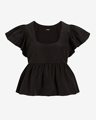 Square Neck Flutter Sleeve Peplum Babydoll Top