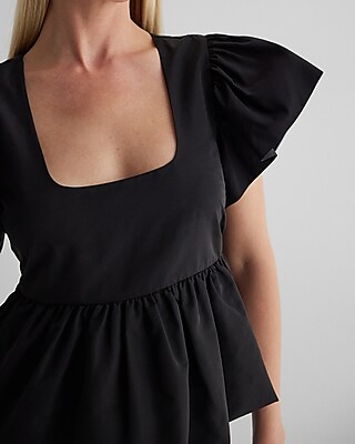 Square Neck Flutter Sleeve Peplum Babydoll Top