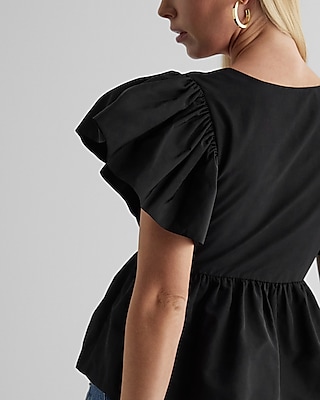 Square Neck Flutter Sleeve Peplum Babydoll Top