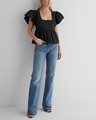 Square Neck Flutter Sleeve Peplum Babydoll Top