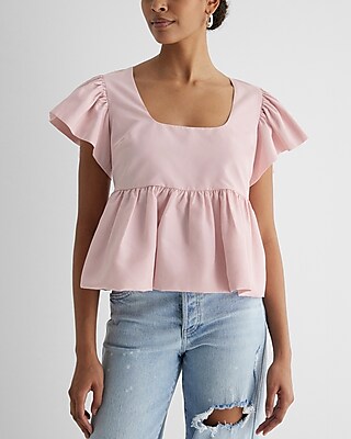 Square Neck Flutter Sleeve Peplum Babydoll Top Express