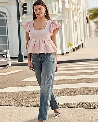 Square Neck Flutter Sleeve Peplum Babydoll Top