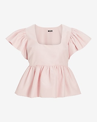 Square Neck Flutter Sleeve Peplum Babydoll Top