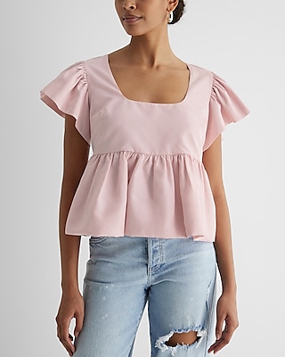 Square Neck Flutter Sleeve Peplum Babydoll Top