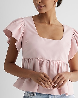 Square Neck Flutter Sleeve Peplum Babydoll Top