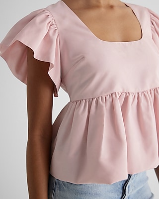 Square Neck Flutter Sleeve Peplum Babydoll Top