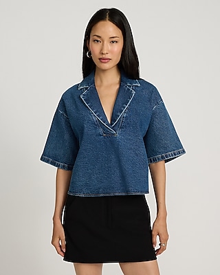 Medium Wash Denim Collared V-neck Short Sleeve Tee | Express