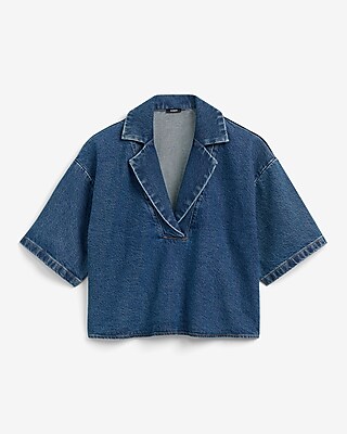 Medium Wash Denim Collared V-Neck Short Sleeve Tee